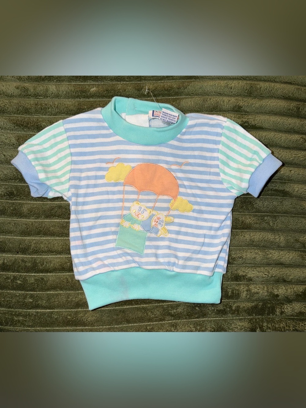 Vintage Color Track Baby Sweatshirt 12M Pastel Striped Teddy Balloon Top NOS